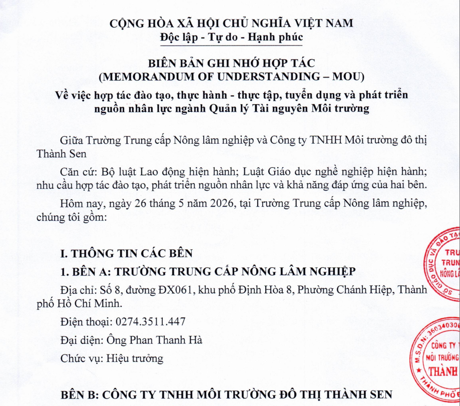 Biên bản hợp tác giữa Trường TCNLN với Công ty TNHH Môi trường đô thị Thành Sen